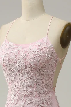 Sereia Cintas de Espaguete Rosa Claro Vestido de Festa Com Apliques