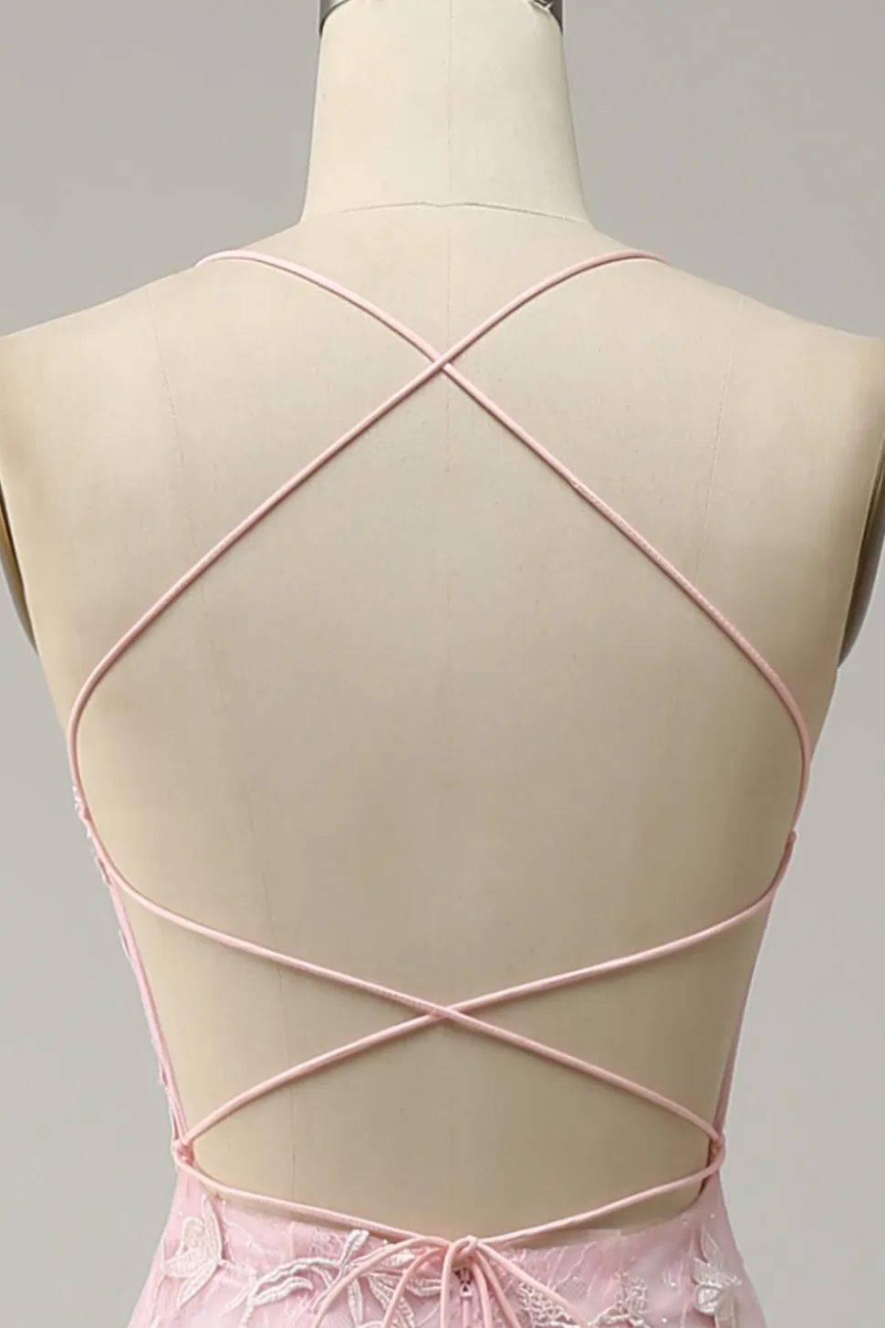 Sereia Cintas de Espaguete Rosa Claro Vestido de Festa Com Apliques