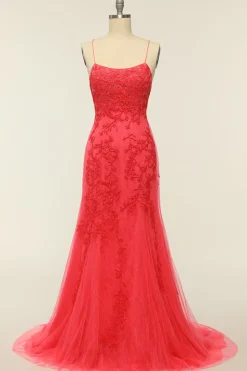 Sereia Cintas de Espaguete Rosa Claro Vestido de Festa Com Apliques