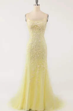 Sereia Cintas de Espaguete Rosa Claro Vestido de Festa Com Apliques