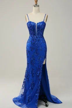 Sereia Cintas de Espaguete Azul Real Lantejoulas Vestido de Festa