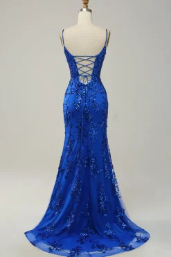 Sereia Cintas de Espaguete Azul Real Lantejoulas Vestido de Festa