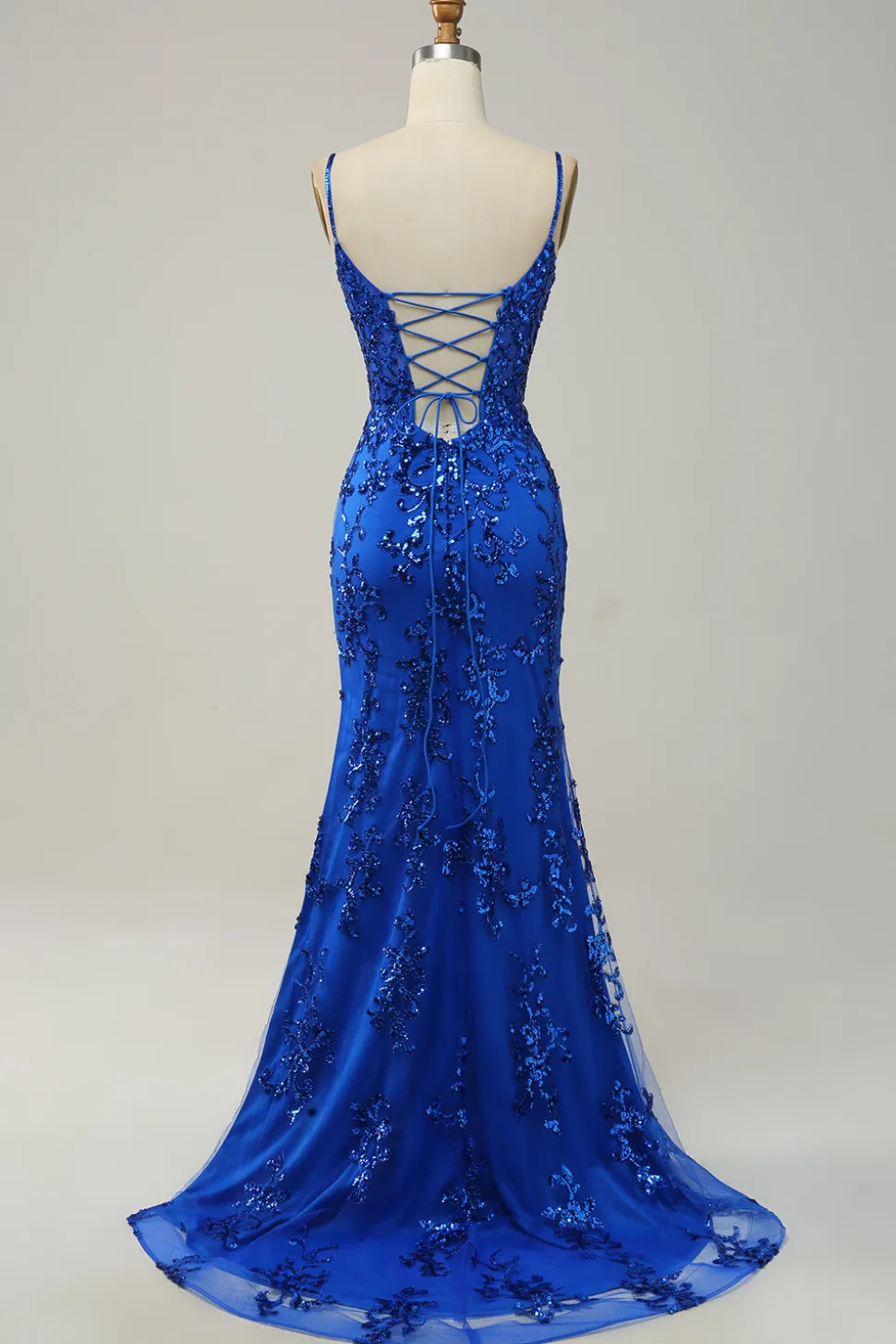 Sereia Cintas de Espaguete Azul Real Lantejoulas Vestido de Festa