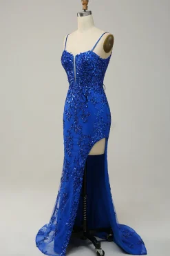 Sereia Cintas de Espaguete Azul Real Lantejoulas Vestido de Festa