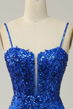 Sereia Cintas de Espaguete Azul Real Lantejoulas Vestido de Festa