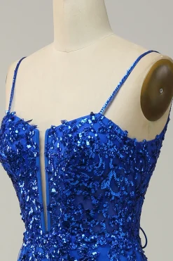 Sereia Cintas de Espaguete Azul Real Lantejoulas Vestido de Festa