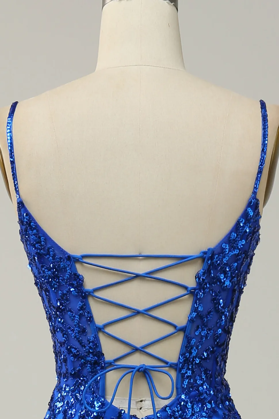 Sereia Cintas de Espaguete Azul Real Lantejoulas Vestido de Festa