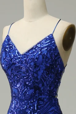 Sereia Cintas de Espaguete Azul Real Vestido de Festa