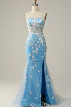 Sereia Cintas de Espaguete Azul Vestido de Festa com Apliques