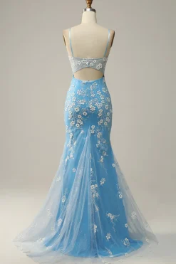 Sereia Cintas de Espaguete Azul Vestido de Festa com Apliques