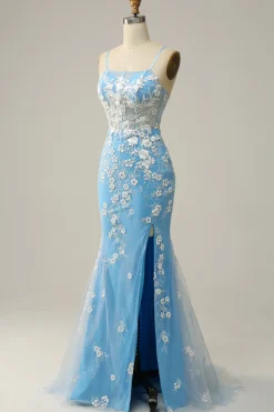 Sereia Cintas de Espaguete Azul Vestido de Festa com Apliques
