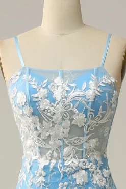 Sereia Cintas de Espaguete Azul Vestido de Festa com Apliques