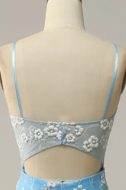 Sereia Cintas de Espaguete Azul Vestido de Festa com Apliques