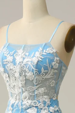 Sereia Cintas de Espaguete Azul Vestido de Festa com Apliques