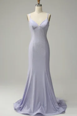 Sereia Cintas de Espaguete Lilás Vestido de Festa Sem Costas