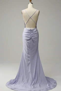 Sereia Cintas de Espaguete Lilás Vestido de Festa Sem Costas