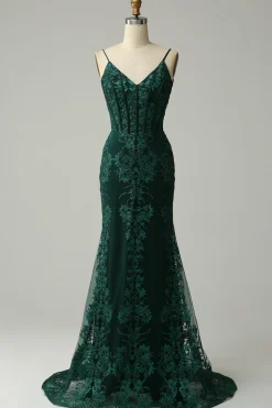 Sereia Cintas de Espaguete Pavão Verde Vestido de Festa com Apliques
