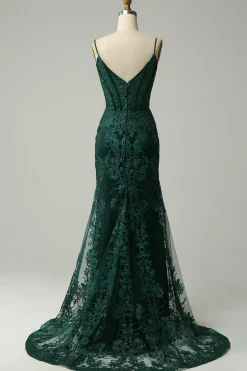 Sereia Cintas de Espaguete Pavão Verde Vestido de Festa com Apliques
