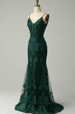 Sereia Cintas de Espaguete Pavão Verde Vestido de Festa com Apliques