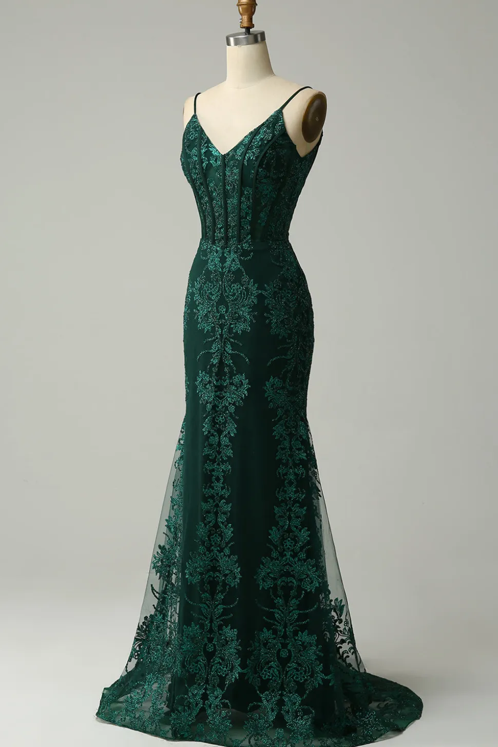 Sereia Cintas de Espaguete Pavão Verde Vestido de Festa com Apliques
