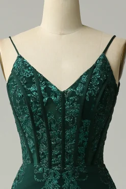 Sereia Cintas de Espaguete Pavão Verde Vestido de Festa com Apliques