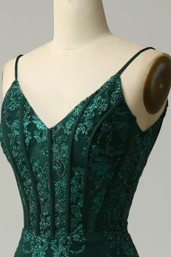 Sereia Cintas de Espaguete Pavão Verde Vestido de Festa com Apliques