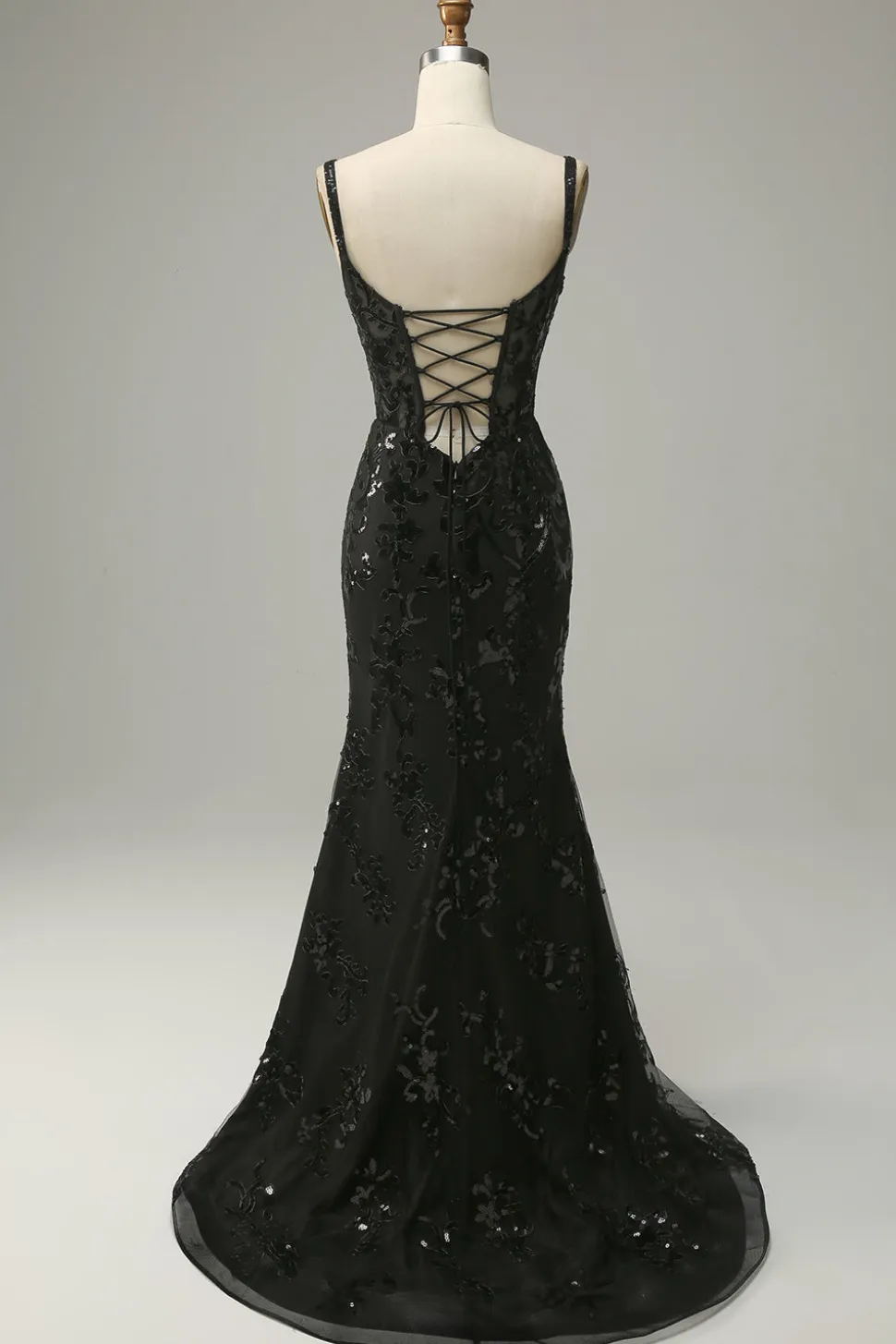 Sereia Cintas de Espaguete Preto Lantejoulas Vestido de Festa