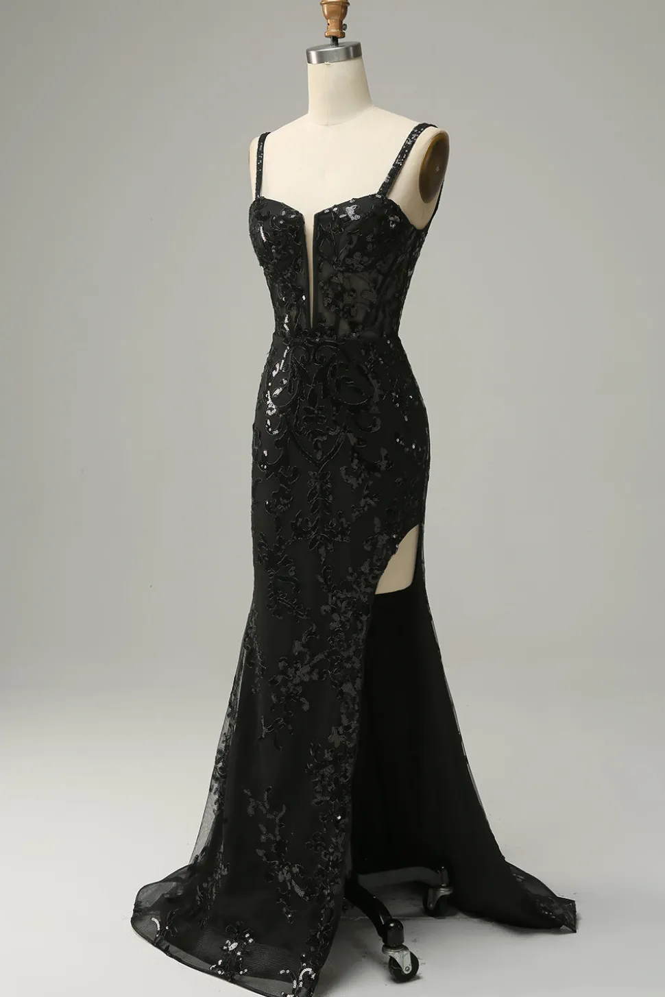 Sereia Cintas de Espaguete Preto Lantejoulas Vestido de Festa