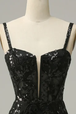Sereia Cintas de Espaguete Preto Lantejoulas Vestido de Festa