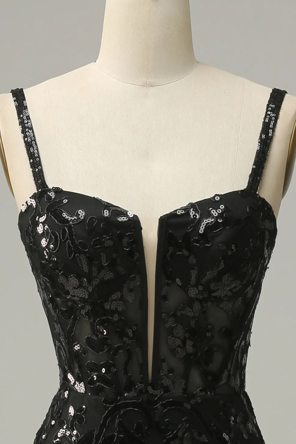 Sereia Cintas de Espaguete Preto Lantejoulas Vestido de Festa