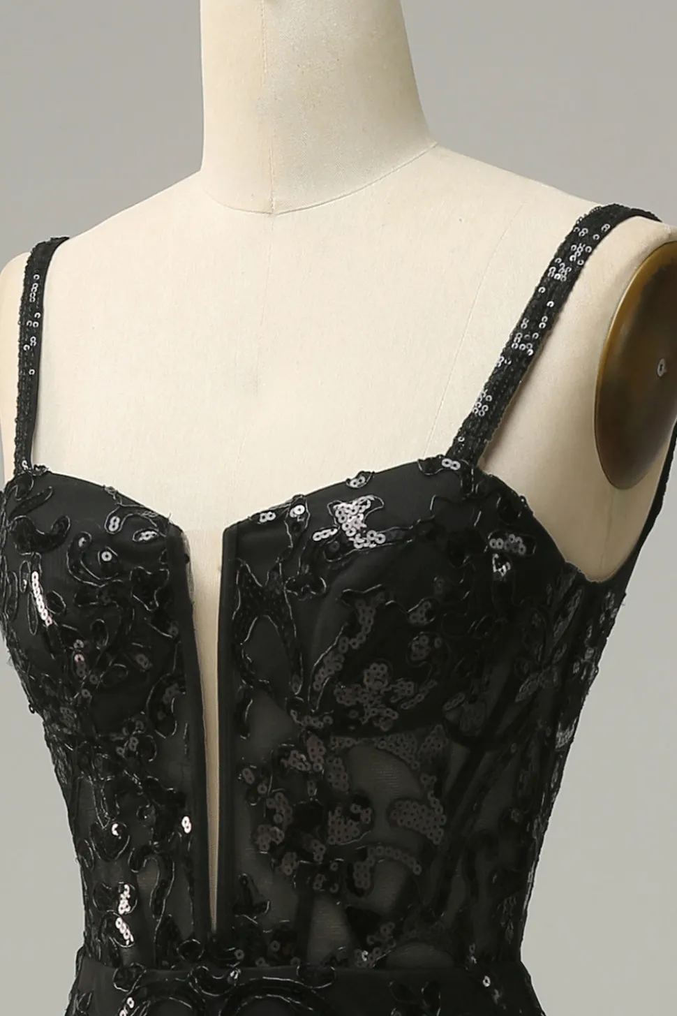 Sereia Cintas de Espaguete Preto Lantejoulas Vestido de Festa