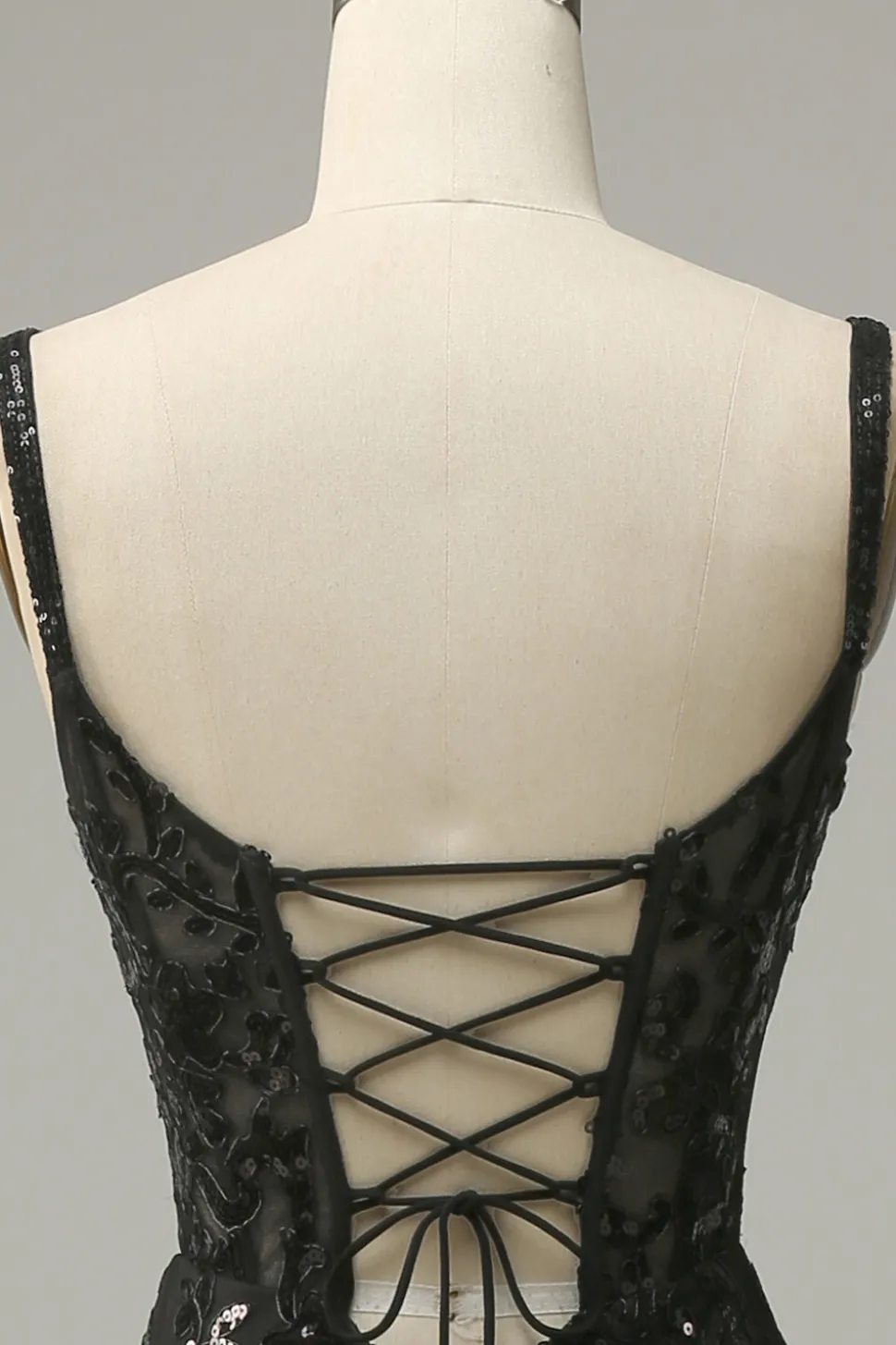 Sereia Cintas de Espaguete Preto Lantejoulas Vestido de Festa