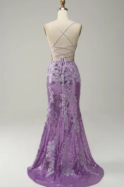 Sereia Cintas de Espaguete Roxo Vestido de Festa Com Apliques