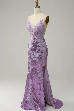 Sereia Cintas de Espaguete Roxo Vestido de Festa Com Apliques