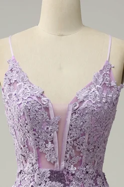 Sereia Cintas de Espaguete Roxo Vestido de Festa Com Apliques