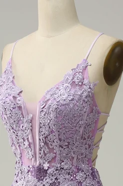 Sereia Cintas de Espaguete Roxo Vestido de Festa Com Apliques