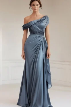 Sereia Cinza Azul Um Ombro Cetim Ruched Mãe Do Vestido da Noiva com Folhos