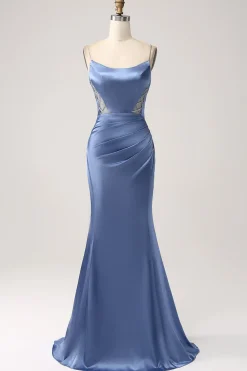Sereia Cinzento Azul Cetim Esparguete Correias Longo Vestido de Baile