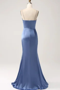 Sereia Cinzento Azul Cetim Esparguete Correias Longo Vestido de Baile