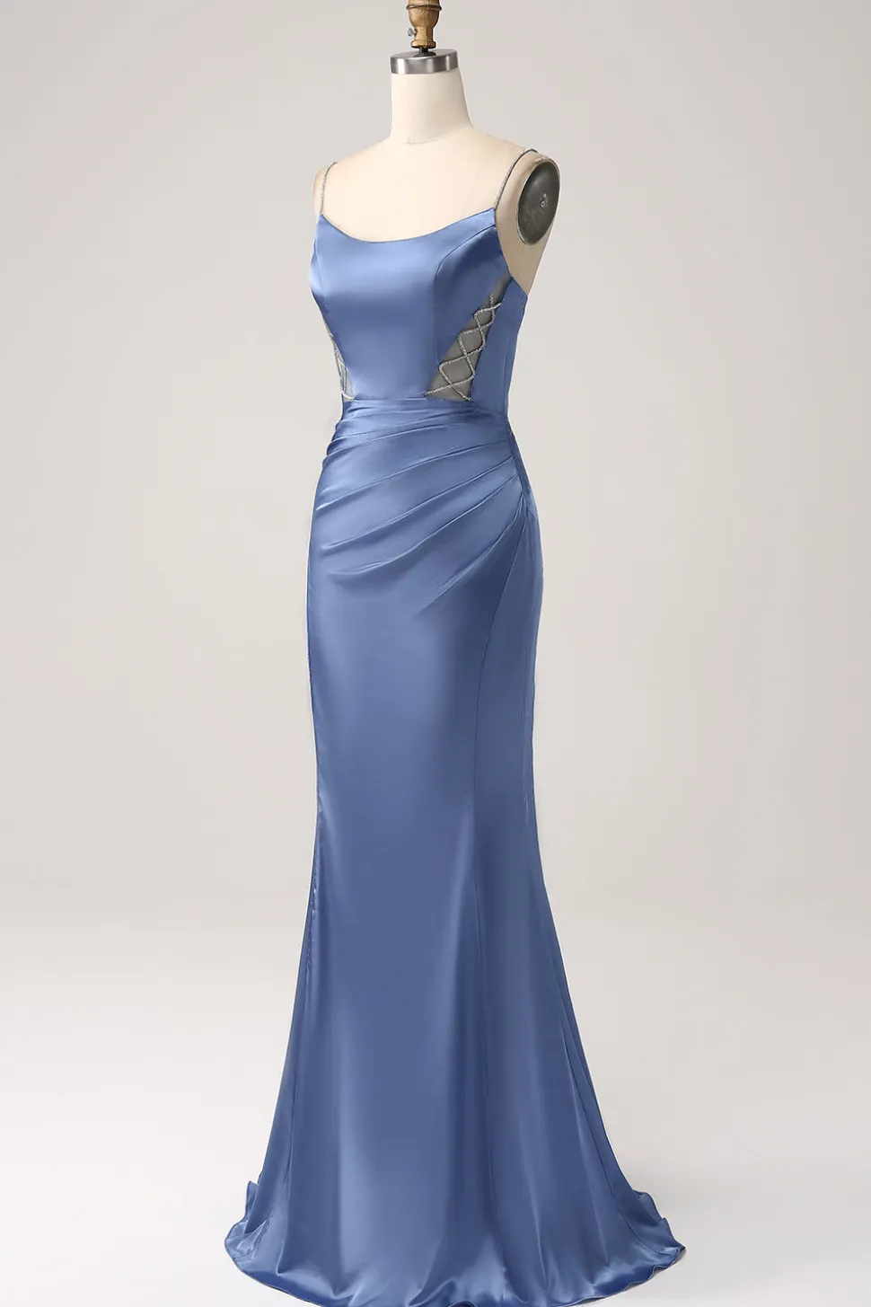 Sereia Cinzento Azul Cetim Esparguete Correias Longo Vestido de Baile