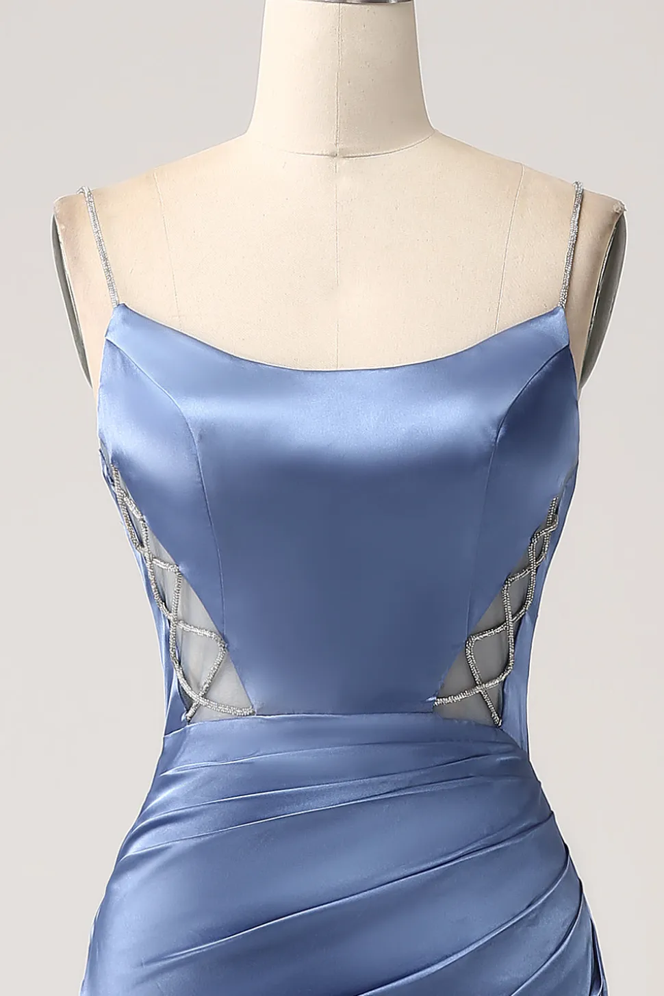 Sereia Cinzento Azul Cetim Esparguete Correias Longo Vestido de Baile