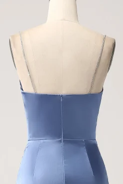 Sereia Cinzento Azul Cetim Esparguete Correias Longo Vestido de Baile