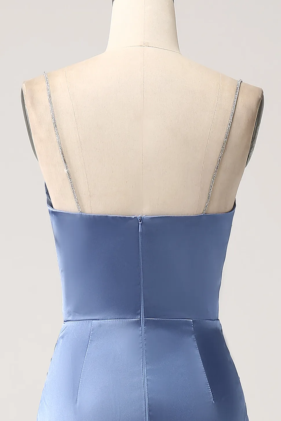 Sereia Cinzento Azul Cetim Esparguete Correias Longo Vestido de Baile