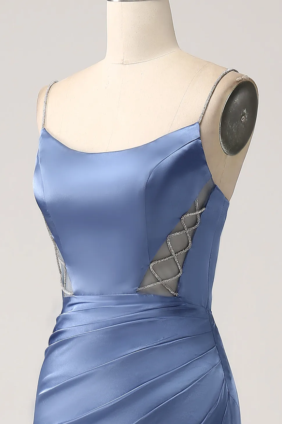 Sereia Cinzento Azul Cetim Esparguete Correias Longo Vestido de Baile
