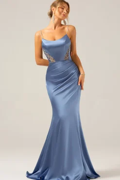 Sereia Cinzento Azul Cetim Esparguete Correias Plissado Maxi Dress