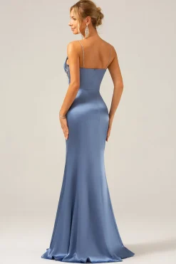 Sereia Cinzento Azul Cetim Esparguete Correias Plissado Maxi Dress
