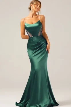 Sereia Cinzento Azul Cetim Esparguete Correias Plissado Maxi Dress