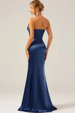 Sereia Cinzento Azul Cetim Esparguete Correias Plissado Maxi Dress