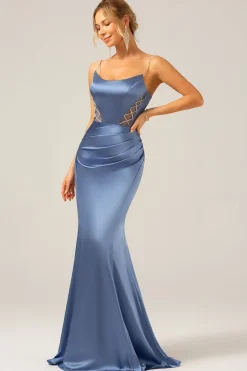 Sereia Cinzento Azul Cetim Esparguete Correias Plissado Maxi Dress