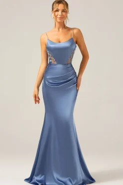 Sereia Cinzento Azul Cetim Esparguete Correias Plissado Maxi Dress